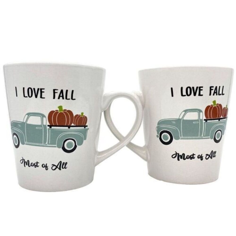 I Love Fall Pumpkin Farmhouse Coffee Mugs Pair New